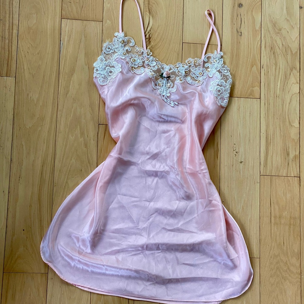 VTG Dainty Princesscore Coquette Pink Satin Slip Dress Lace Beaded Pearl Drop- S